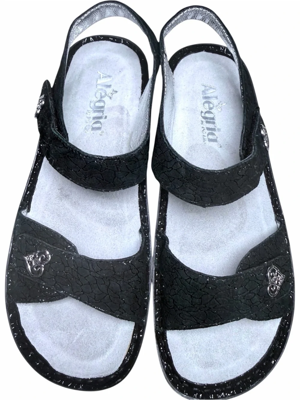 Alegria Vienna Waverly Black Crackle Leather Velcro Silver Heart Sandals NWOT